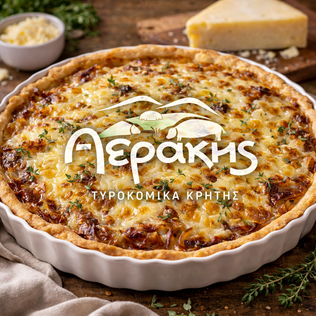 Αλμυρή τάρτα με Γραβιέρα Κρήτης και καραμελωμένα κρεμμύδια