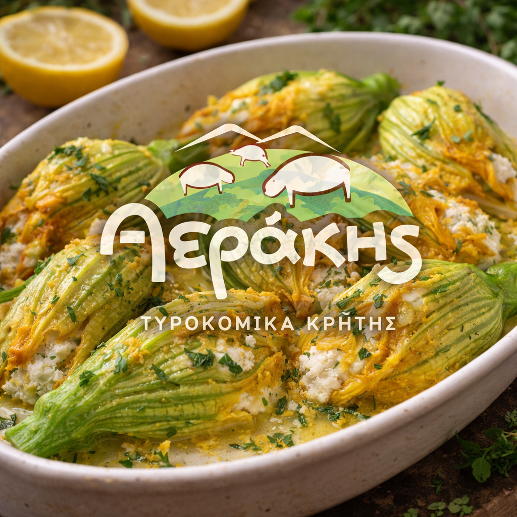 Ανθοί κολοκυθιού γεμιστοί με Ξινομυζήθρα Κρήτης Π.Ο.Π. Αεράκης, μυρωδικά και λεμονόφλουδα