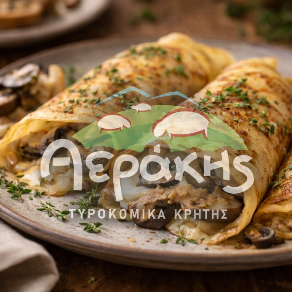 Κρέπα αλμυρή με Καπνιστή Γραβιέρα Κρήτης Αεράκης, μανιτάρια και θυμάρι