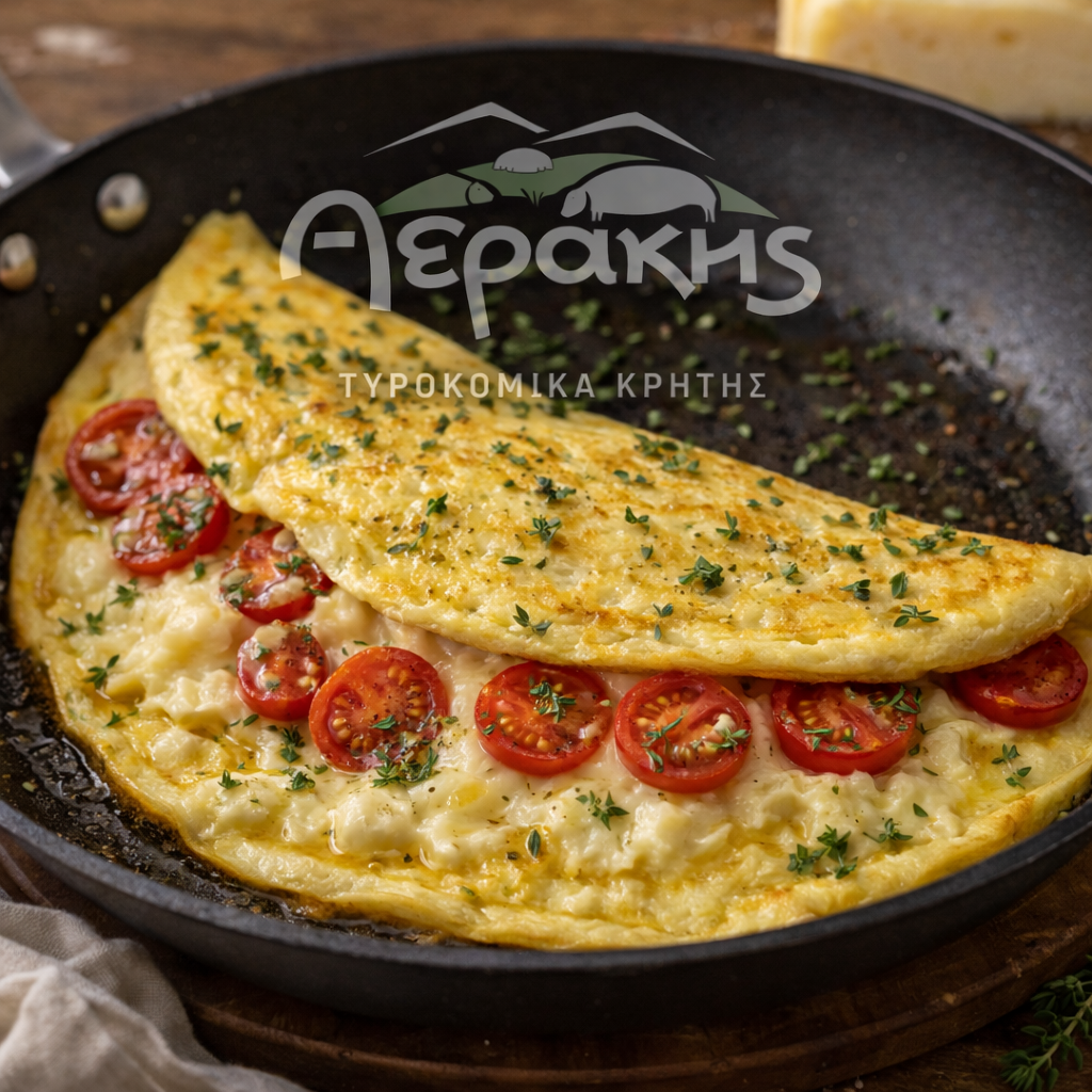 Ομελέτα με Γραβιέρα Κρήτης με θυμάρι Αεράκης και ντοματίνια